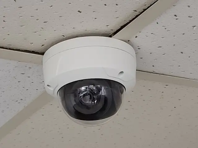 Close-up of a vandal-resistant dome camera in a ceiling tile