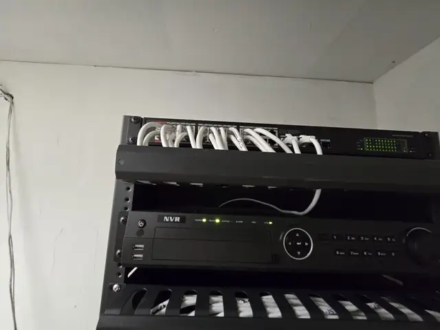 Network video recorder in a wall rack with neatly managed Ethernet cables